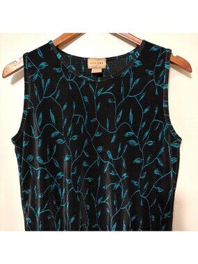 Choices Womens Sleeveless Black & Teal Floral Textured Tank Top L Career Office